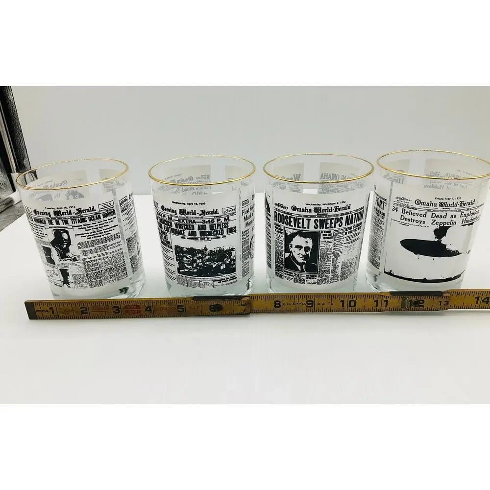 Vintage Omaha World Herald Historic Headlines Whiskey Glasses Set of 4 Gold Rim